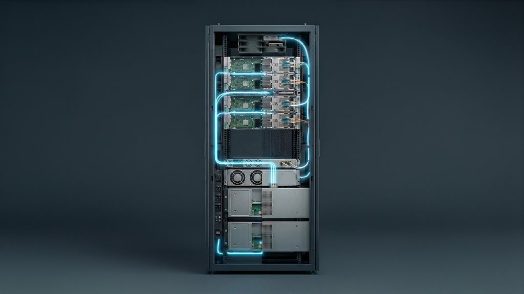 Data center server with glowing blue energy lines