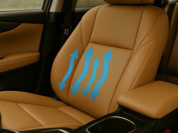 A perforated leather car seat with blue arrows indicating airflow for a seat cooling and ventilation system.