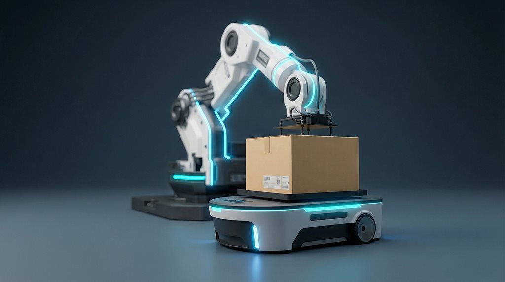 Robot arm and AMR with glowing blue energy lines