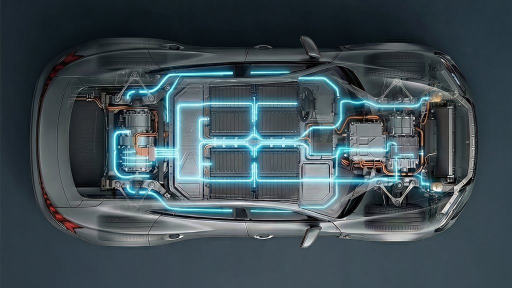 Cutaway of car showing electrical system lines