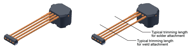 Figure 15. SG package (left) before trimming of pin 3, and (right) after trimming; note that it is not necessary to remove the package from the clamps, if the clamps are designed to also be used in the next step, bending by roller forming